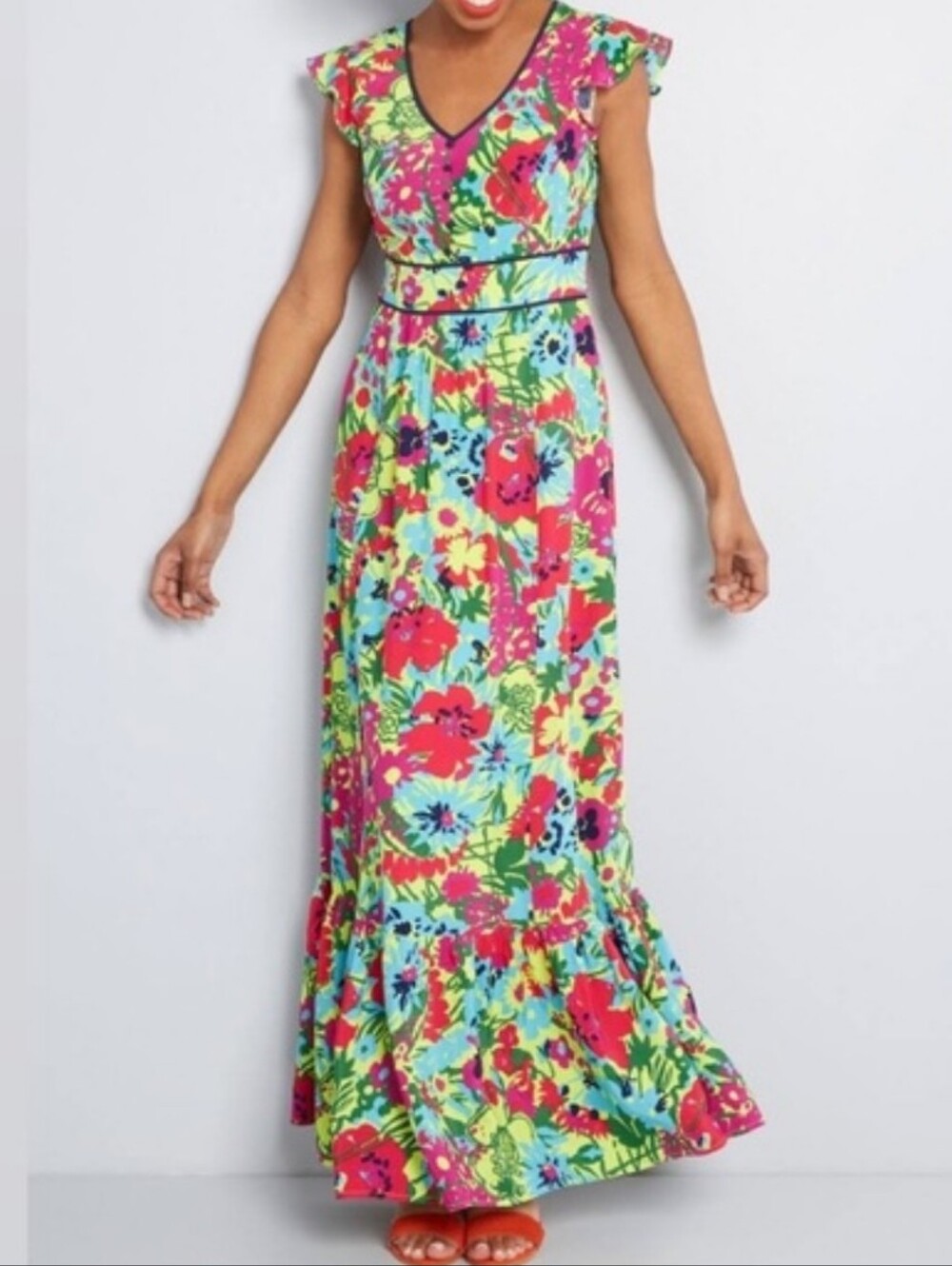 ModCloth "Eyes On You" Bight Floral Multicolor Maxi Dress Ruffle Sleeves